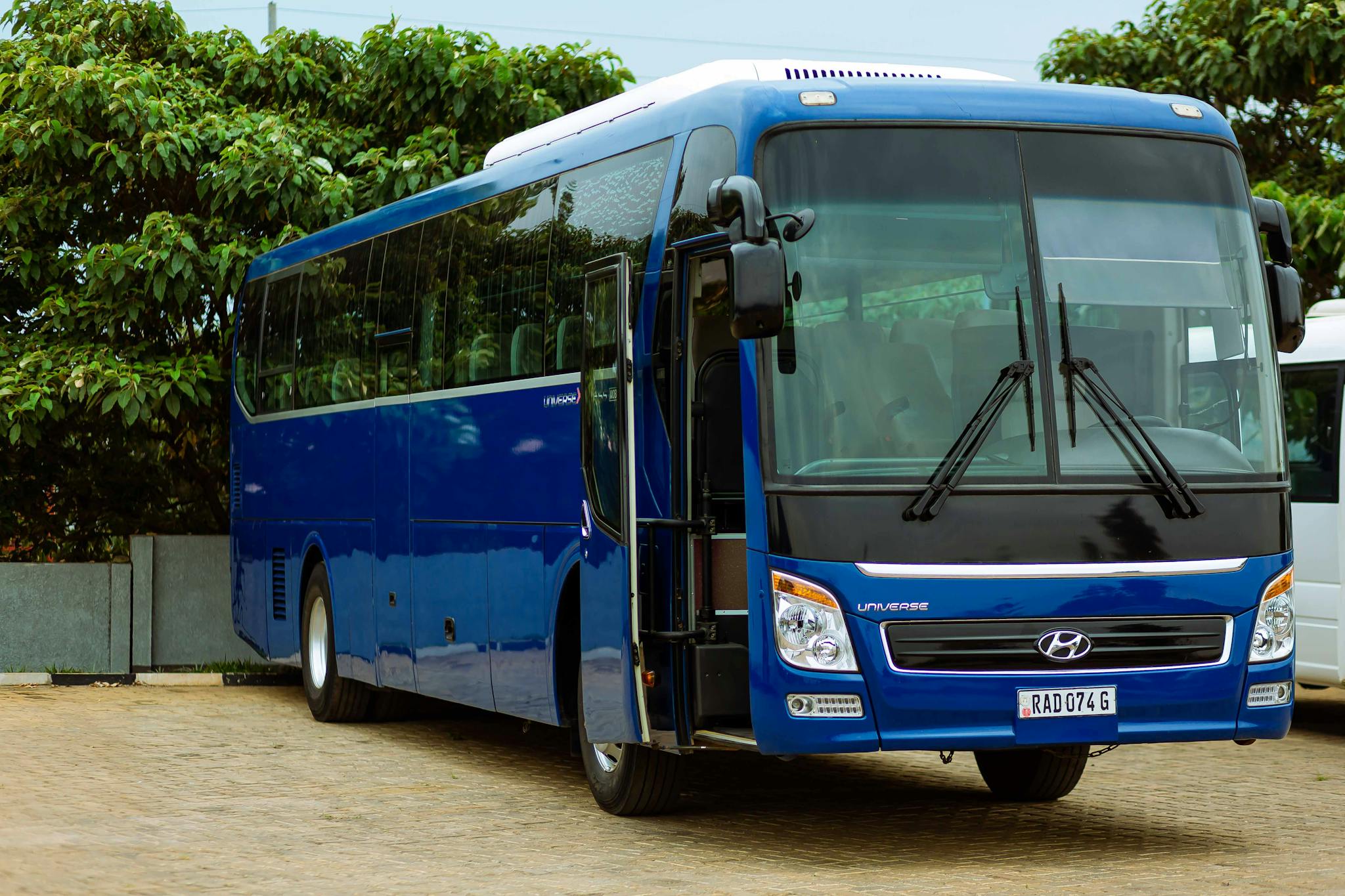 A blue Hyundai bus parked outdoors in a summer setting, surrounded by greenery.